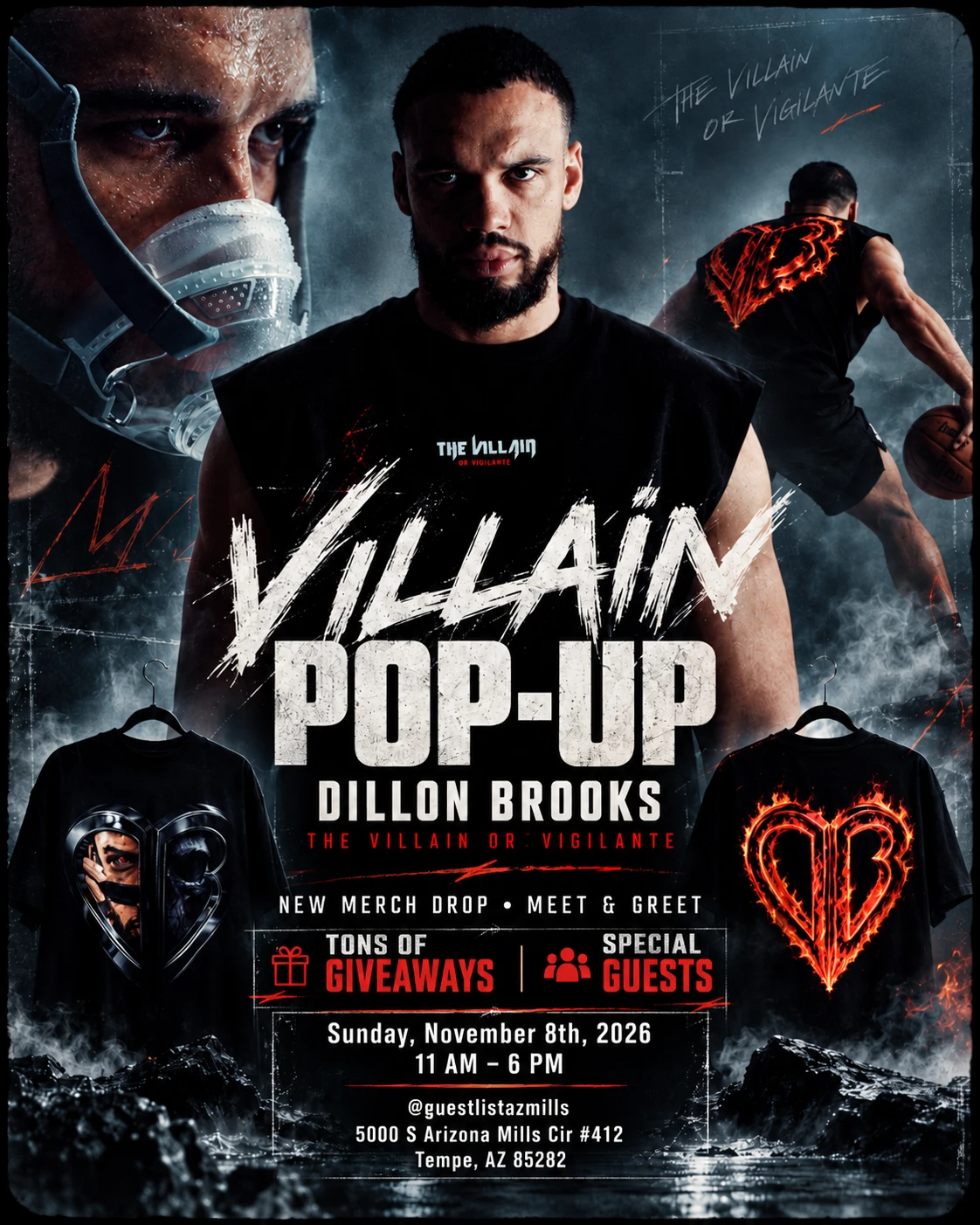 Villain Pop-Up flyer: Dillon Brooks, The Villain or Vigilante — new merch drop, meet and greet, giveaways, special guests. Sunday, November 8th, 2026, 11 AM to 6 PM, 5000 S Arizona Mills Cir #412, Tempe, AZ 85282.